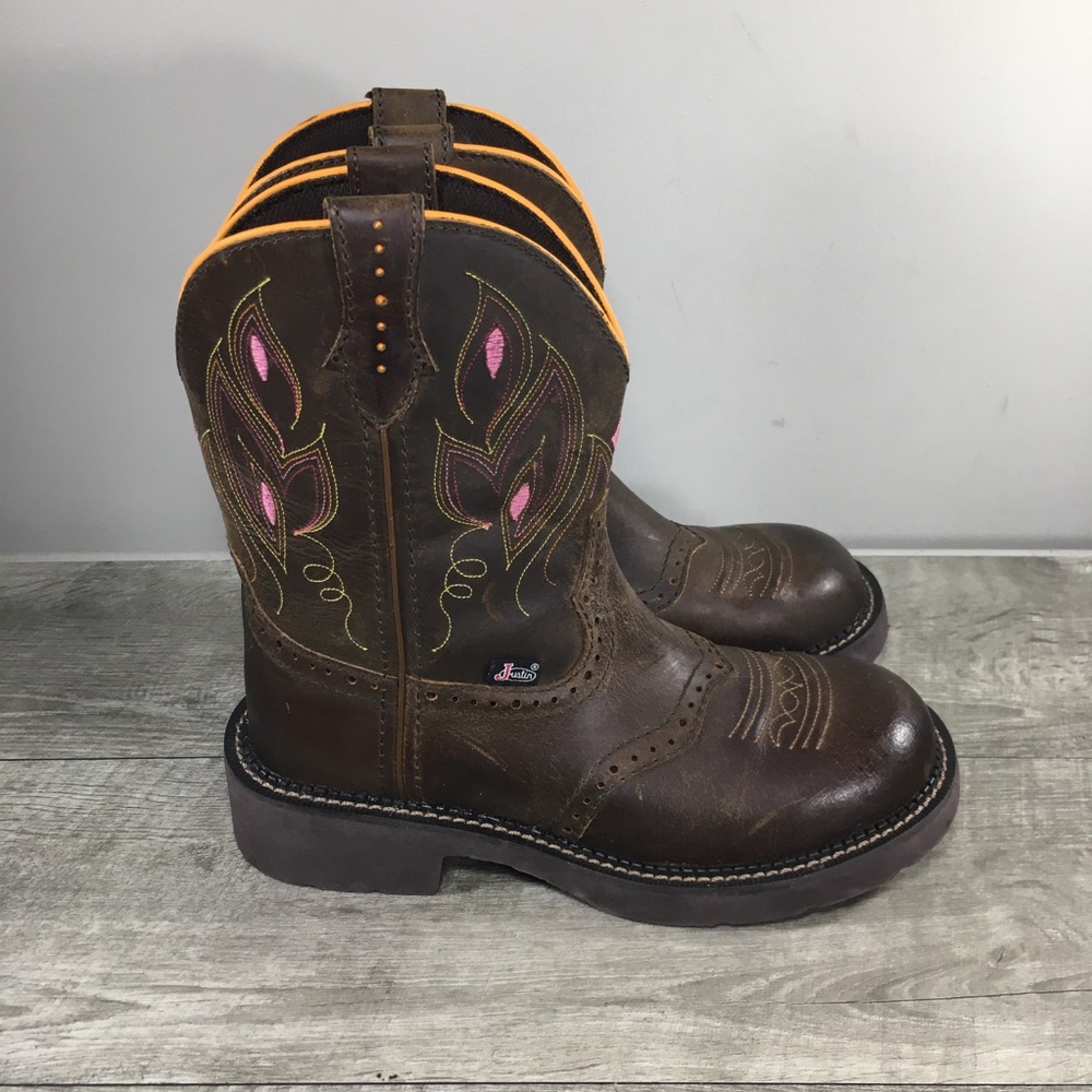 Justin Gypsy GY9526 Gemma Bark & Pink Western Cowboy Leather Womens Boots 7.5